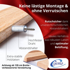 Coemo Premium Rollrost DELUXE Belastbar bis 350 kg – Ohne Montage & absolut rutschsicher - Made in Germany - Roll-Lattenrost Vollholz mit Abstandshaltern