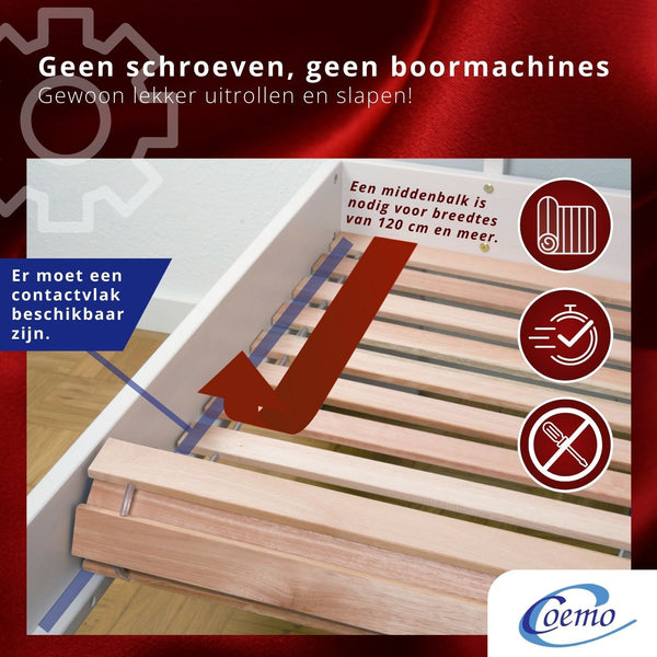 Coemo Premium Rollrost DELUXE Belastbar bis 350 kg – Ohne Montage & absolut rutschsicher - Made in Germany - Roll-Lattenrost Vollholz mit Abstandshaltern