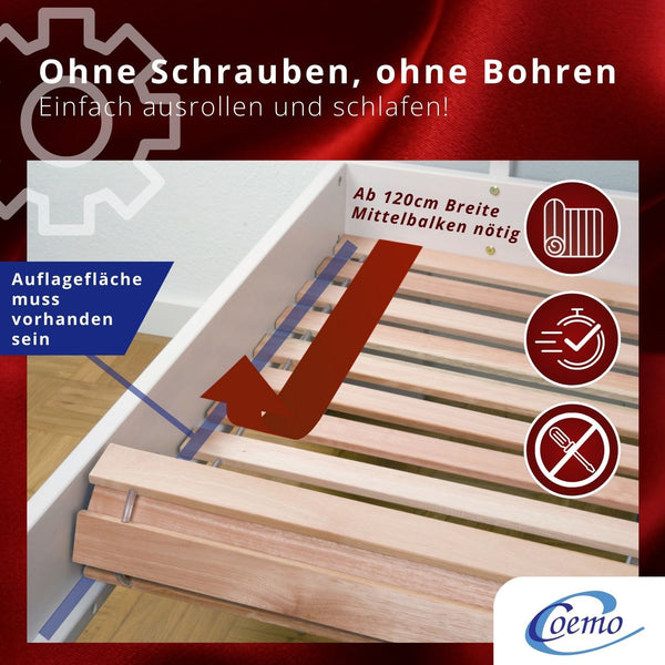 Coemo Premium Rollrost DELUXE Belastbar bis 350 kg – Ohne Montage & absolut rutschsicher - Made in Germany - Roll-Lattenrost Vollholz mit Abstandshaltern