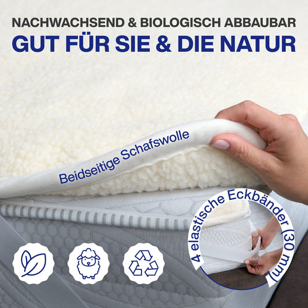 Matratzenauflage Lammwolle Matratzenbezug Lammwolle + Lammwolle mit Gummizug 500g/m² doppellagiger Matratzenbezug aus Lammwolle mit Rand