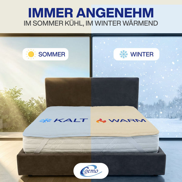 Matratzenauflage Wolle + Biokeramik-Polsterung, Streifensteppung + leitfähiges Gewebe und 4 x 30 mm Gummiband an den Ecken, verpackt in neutraler Tasche