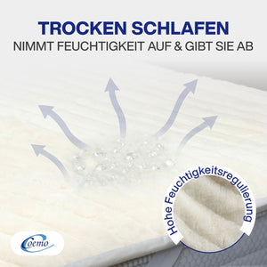 Matratzenauflage Wolle + Biokeramik-Polsterung, Streifensteppung + leitfähiges Gewebe und 4 x 30 mm Gummiband an den Ecken, verpackt in neutraler Tasche