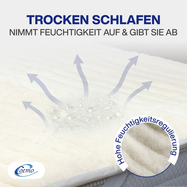 Matratzenauflage Wolle + Biokeramik-Polsterung, Streifensteppung + leitfähiges Gewebe und 4 x 30 mm Gummiband an den Ecken, verpackt in neutraler Tasche