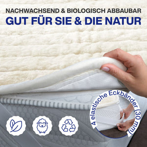 Matratzenauflage Wolle + Biokeramik-Polsterung, Streifensteppung + leitfähiges Gewebe und 4 x 30 mm Gummiband an den Ecken, verpackt in neutraler Tasche