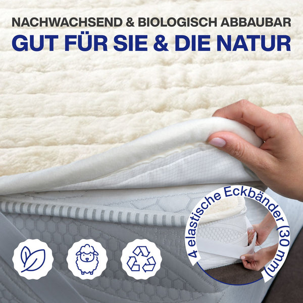 Matratzenauflage Wolle + Biokeramik-Polsterung, Streifensteppung + leitfähiges Gewebe und 4 x 30 mm Gummiband an den Ecken, verpackt in neutraler Tasche