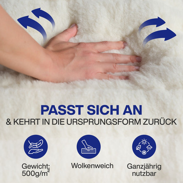 Matratzenauflage Wolle + Biokeramik-Polsterung, Streifensteppung + leitfähiges Gewebe und 4 x 30 mm Gummiband an den Ecken, verpackt in neutraler Tasche