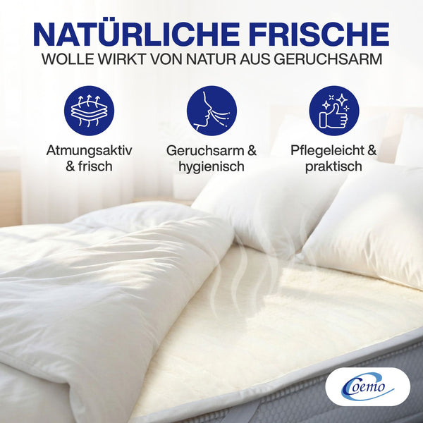 Matratzenauflage Wolle + Biokeramik-Polsterung, Streifensteppung + leitfähiges Gewebe und 4 x 30 mm Gummiband an den Ecken, verpackt in neutraler Tasche